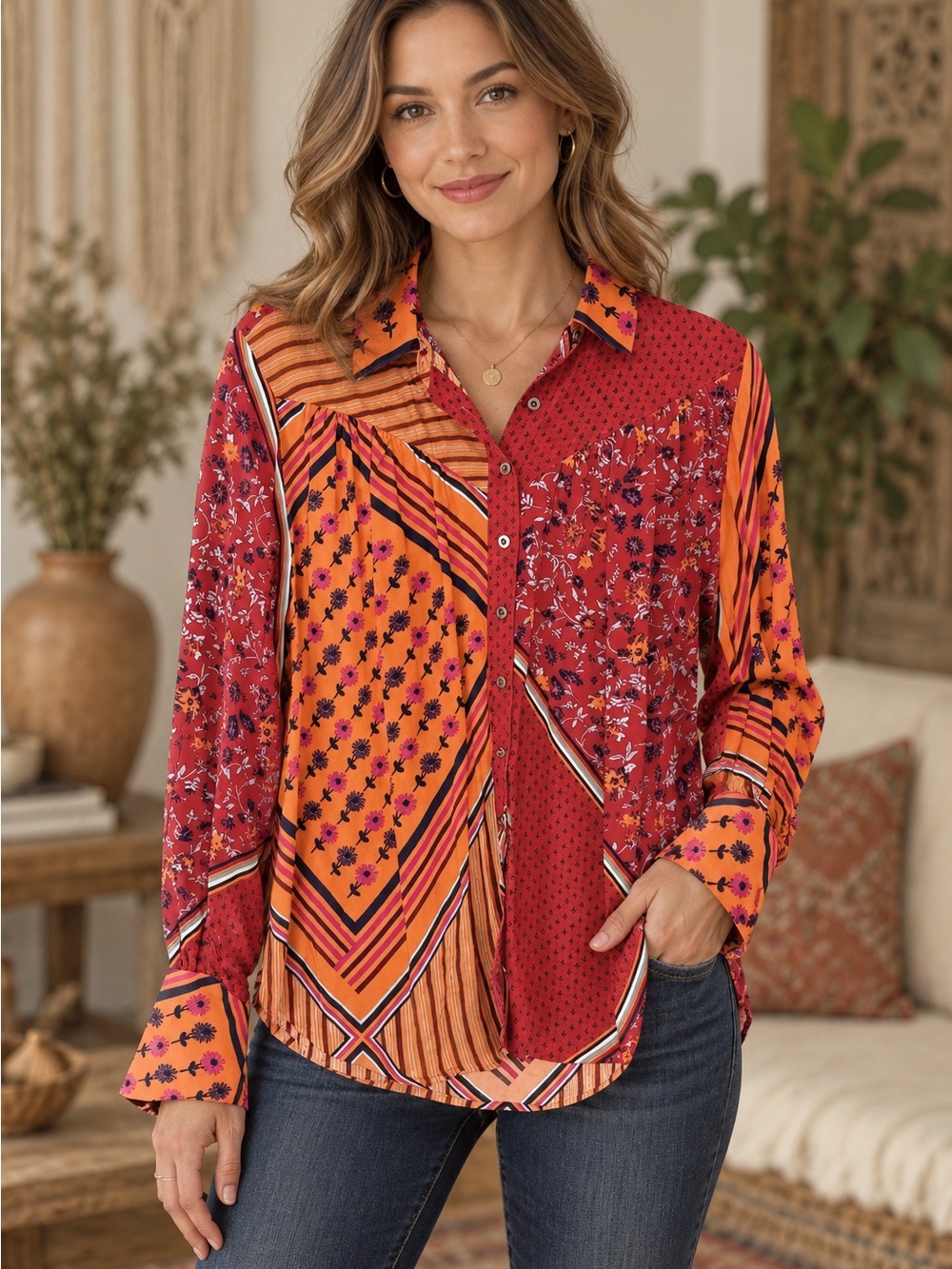 Free People Patchwork Button-Down Shirt in Red & Orange (131345) ☀️ 🌼